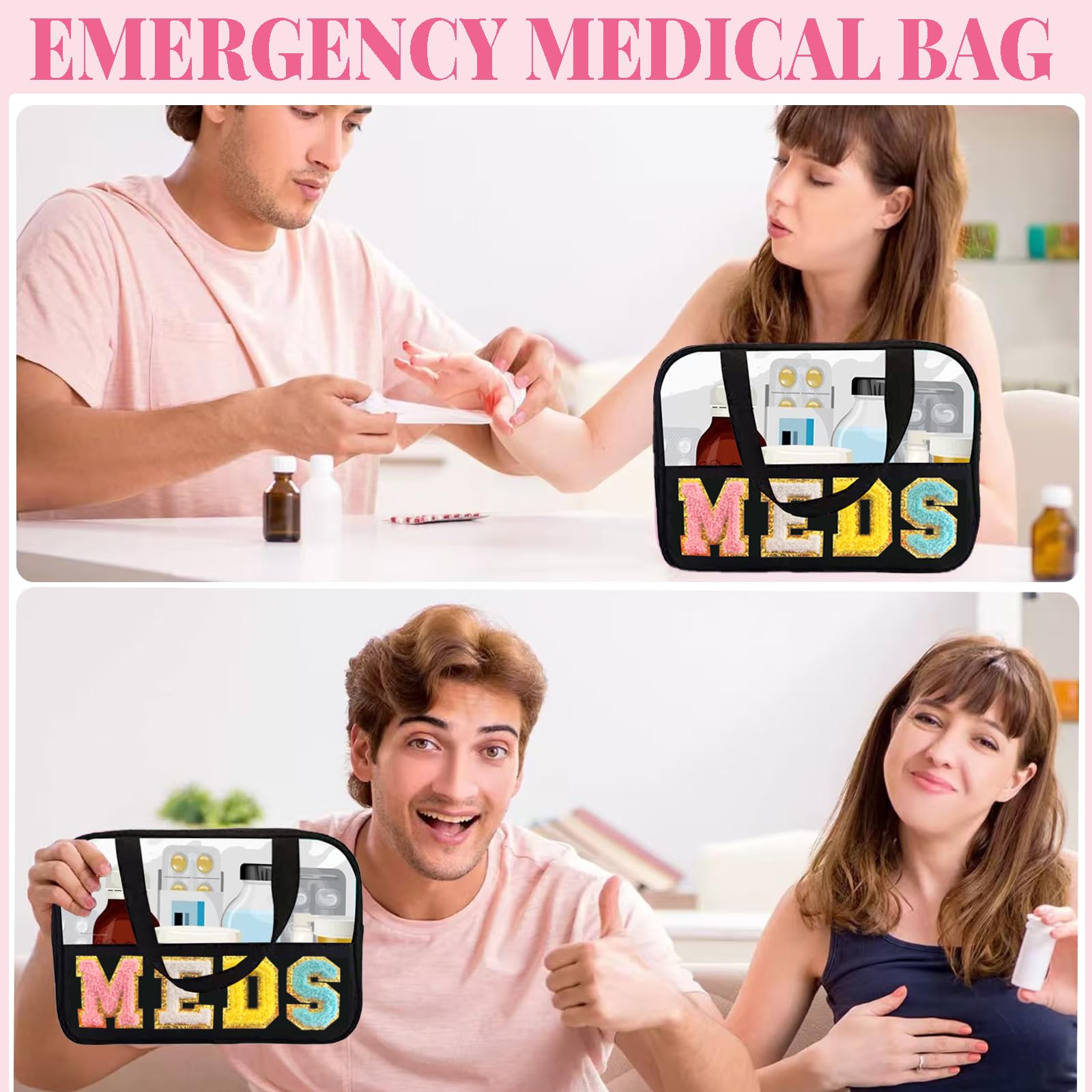 Letter MEDS Bag Clear Medical Medicine bag for Traveling Preppy Emergency Patch Bag with Handle