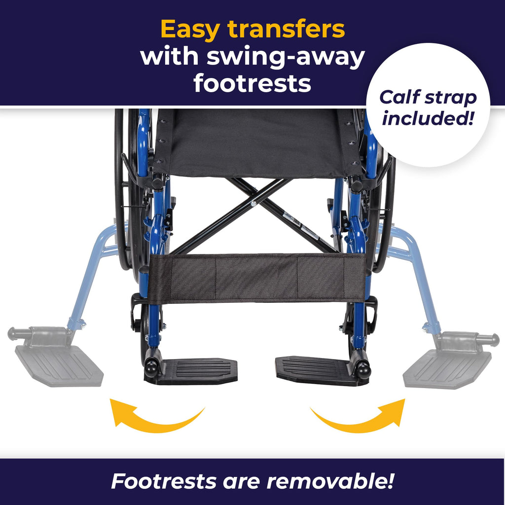 Medical Blue Streak Lightweight Wheelchair - Portable Folding Mobility Aid - Swing-Away