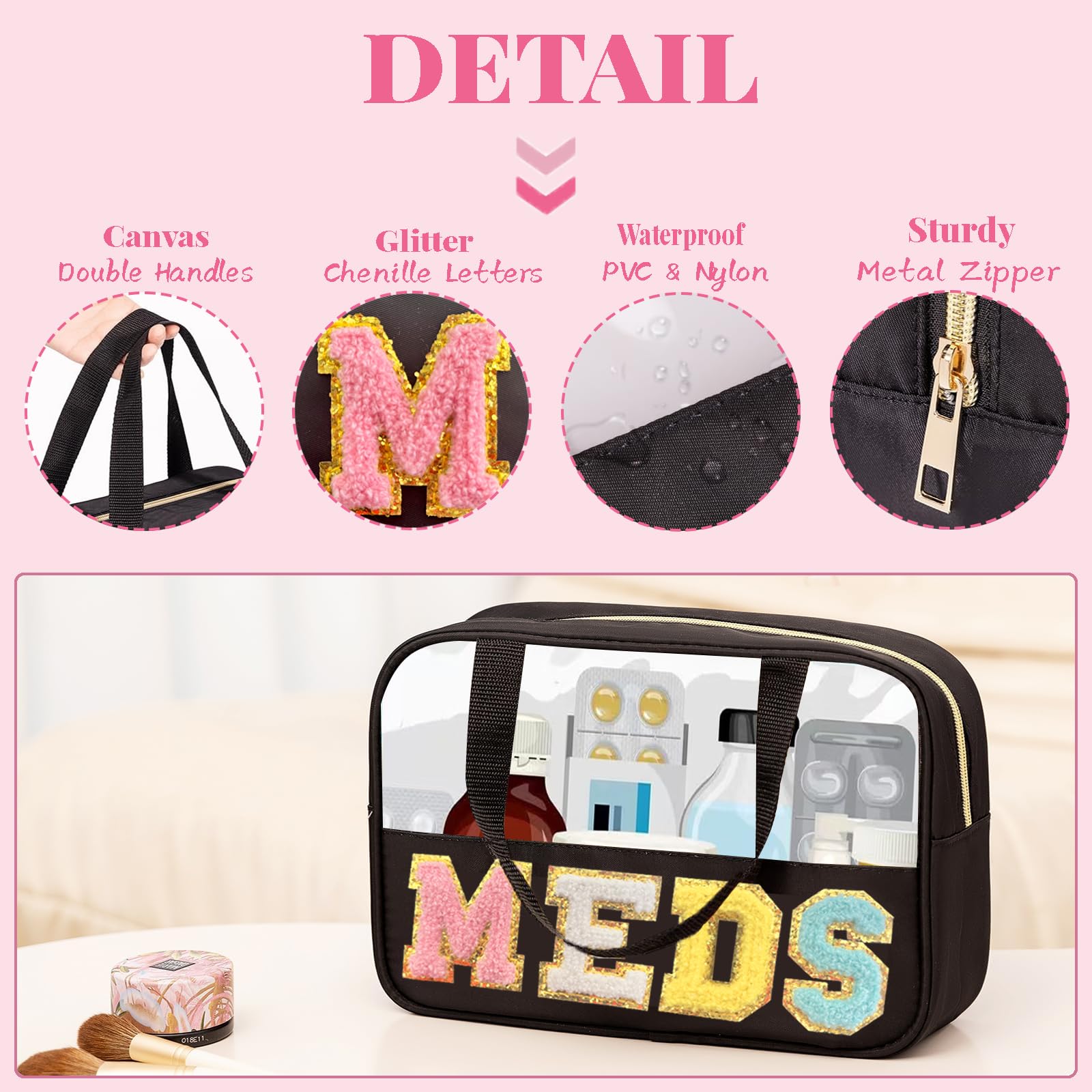Letter MEDS Bag Clear Medical Medicine bag for Traveling Preppy Emergency Patch Bag with Handle