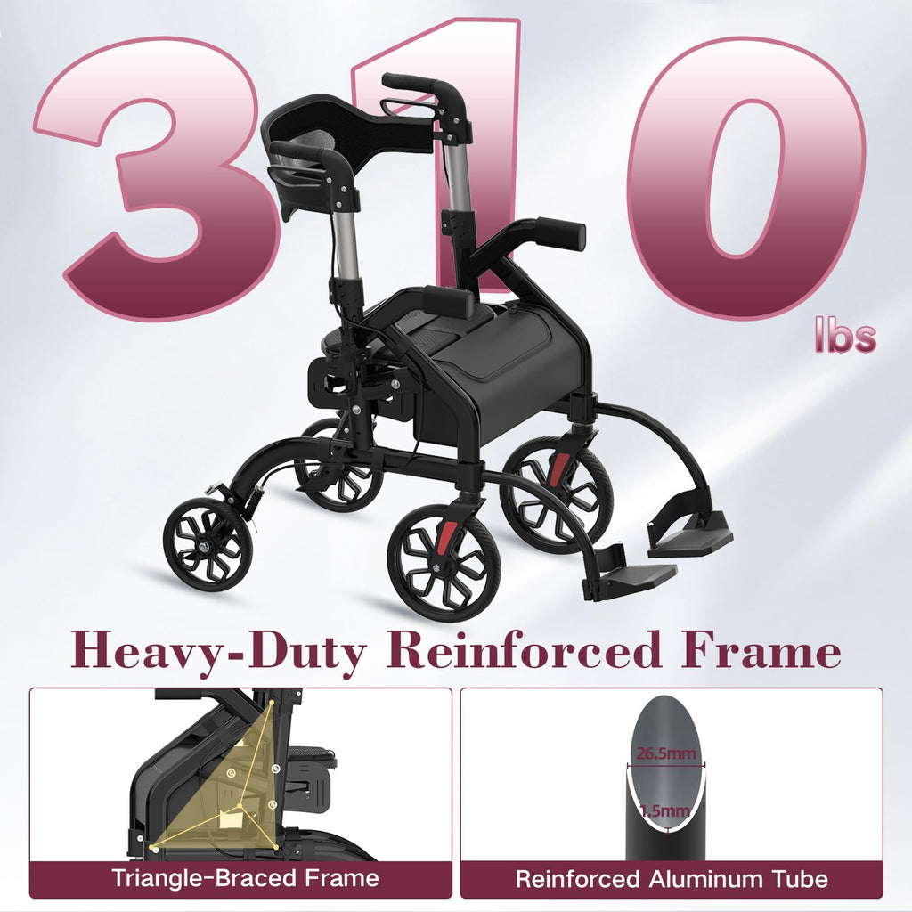 Walkers for Seniors, 2 in 1 Rollator Walker with Seat, 10" Front & 8" Rear Big Wheels, Walker Wheelchair Combo