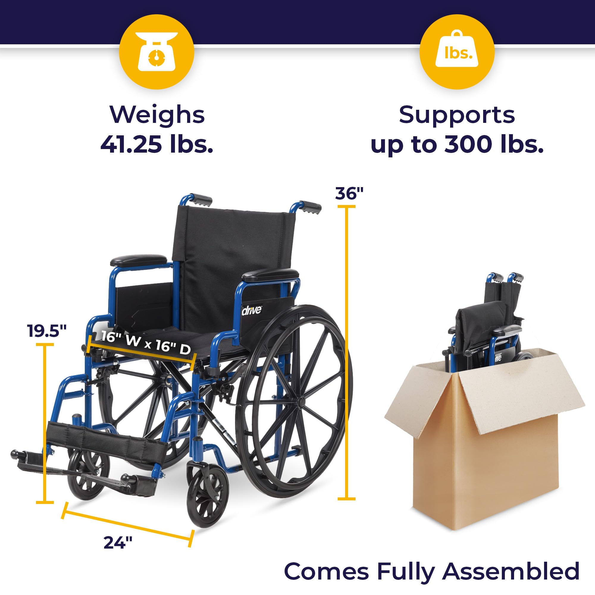Medical Blue Streak Lightweight Wheelchair - Portable Folding Mobility Aid - Swing-Away