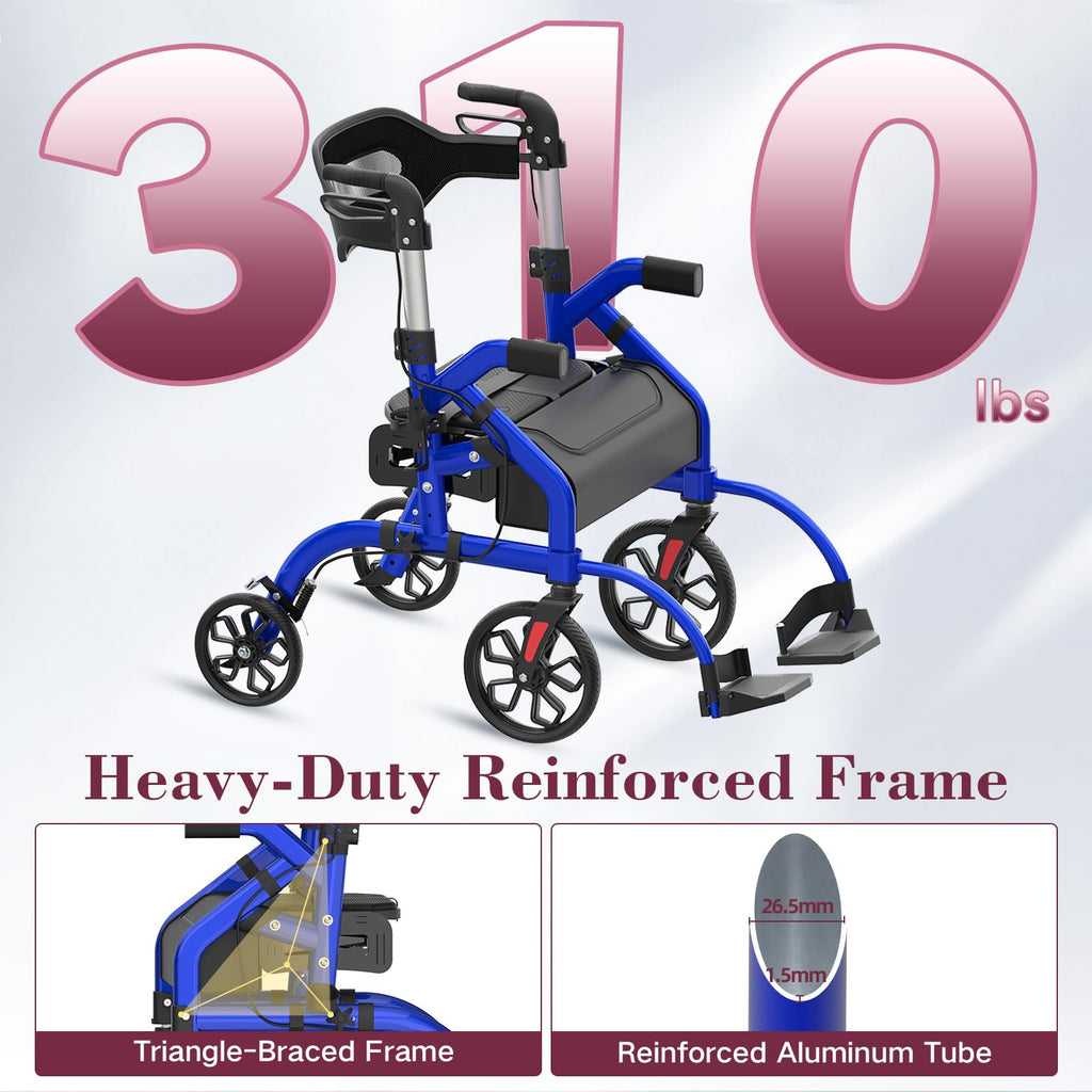 Walkers for Seniors, 2 in 1 Rollator Walker with Seat, 10" Front & 8" Rear Big Wheels, Walker Wheelchair Combo
