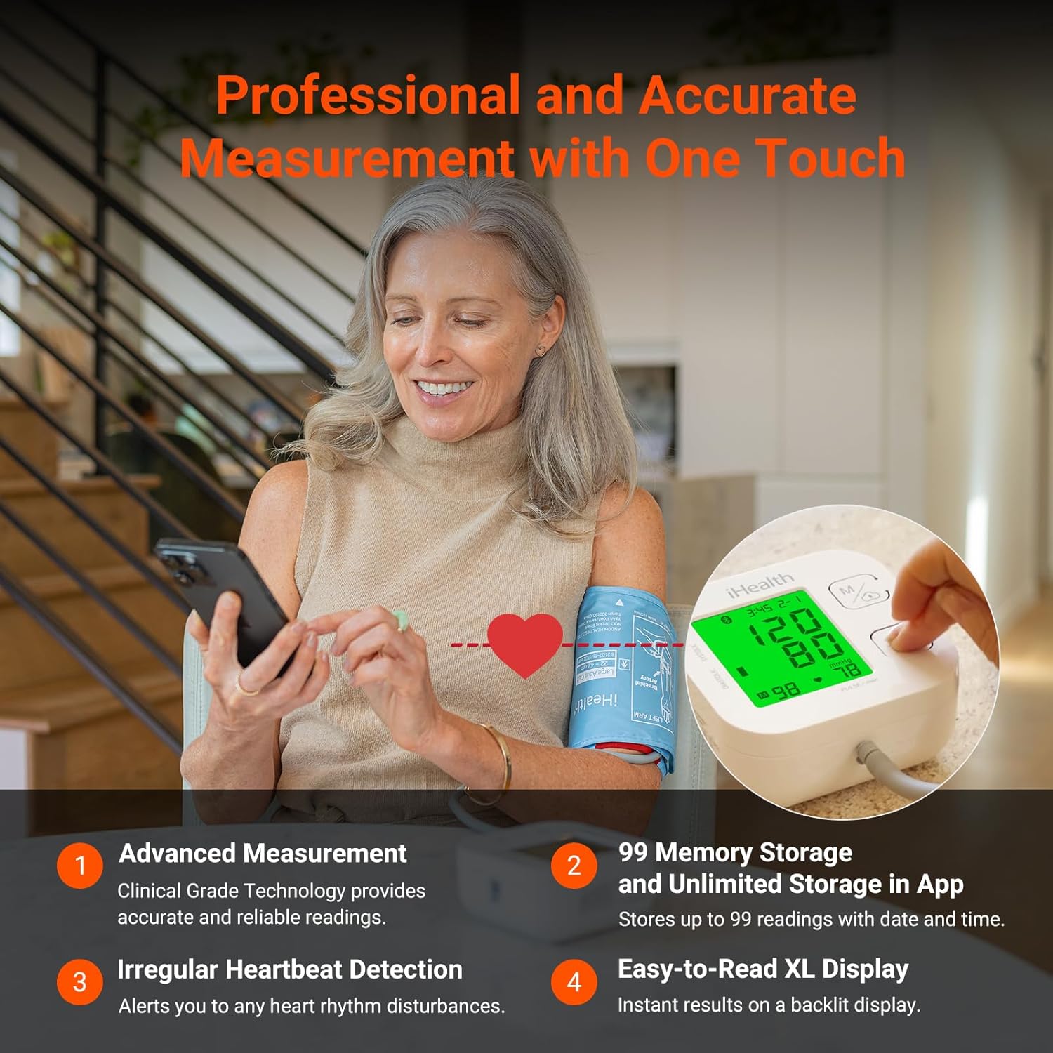 Health Track Smart Upper Arm Blood Pressure Monitor,  fits Standard to Large Adult Arms, Bluetooth Compatible for iOS & Android Devices