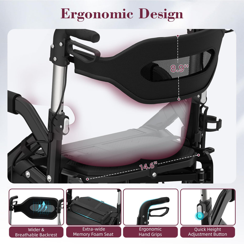 Walkers for Seniors, 2 in 1 Rollator Walker with Seat, 10" Front & 8" Rear Big Wheels, Walker Wheelchair Combo