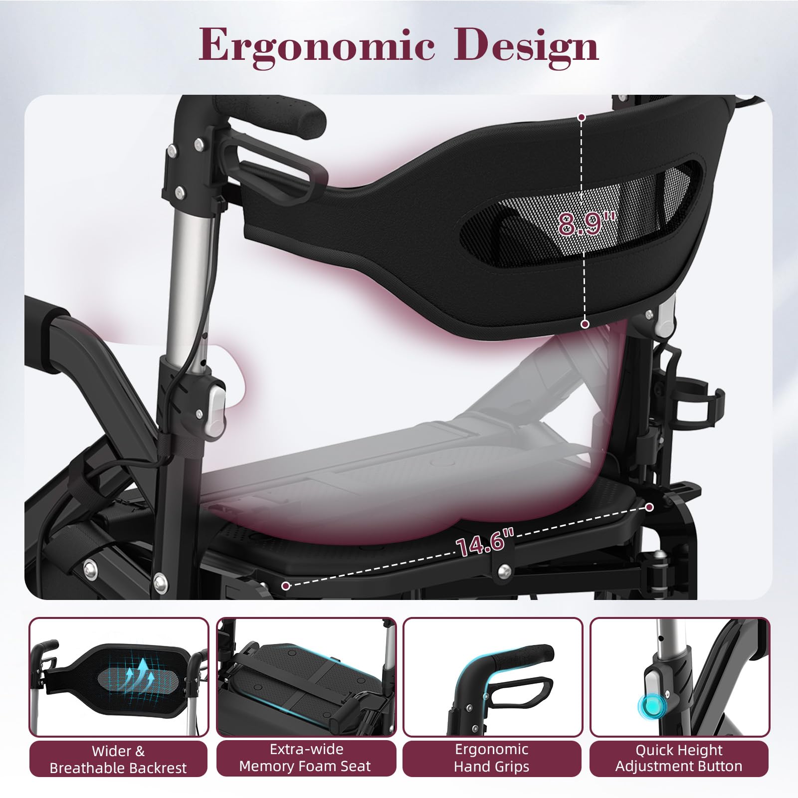 Walkers for Seniors, 2 in 1 Rollator Walker with Seat, 10" Front & 8" Rear Big Wheels, Walker Wheelchair Combo