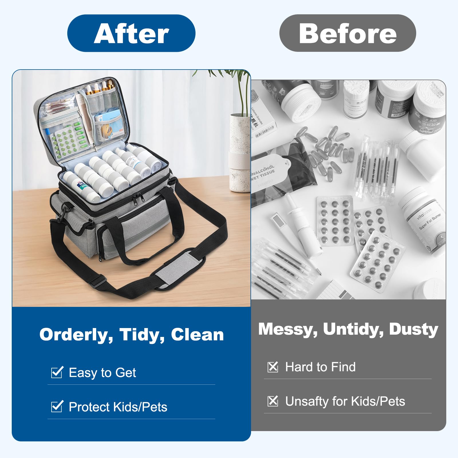 Medicine Organizer with Adjustable Divider, Double-Layer Medicine Bottle organizer Storage