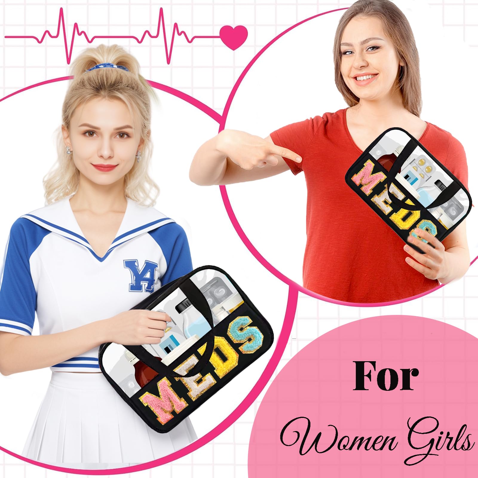 Letter MEDS Bag Clear Medical Medicine bag for Traveling Preppy Emergency Patch Bag with Handle
