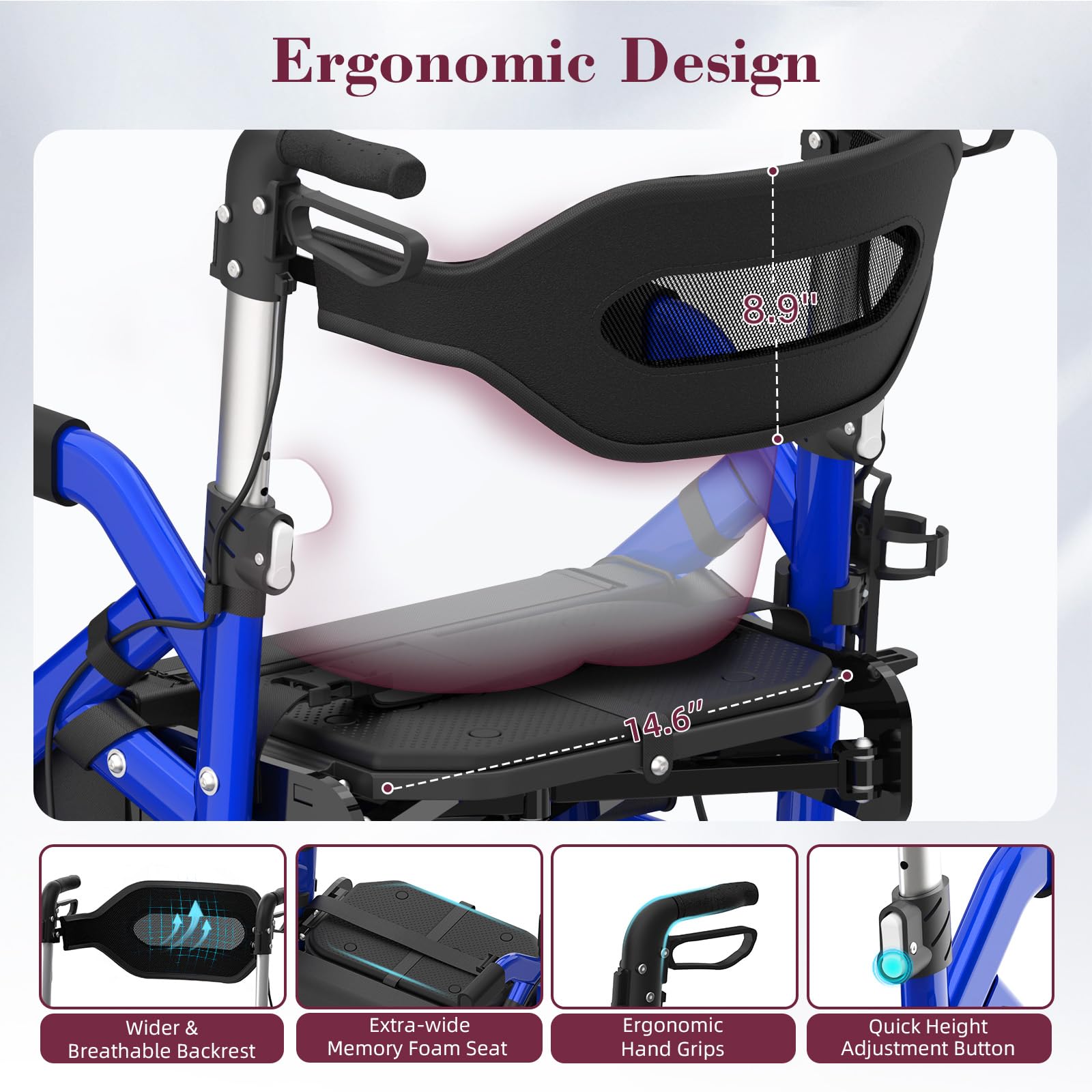 Walkers for Seniors, 2 in 1 Rollator Walker with Seat, 10" Front & 8" Rear Big Wheels, Walker Wheelchair Combo