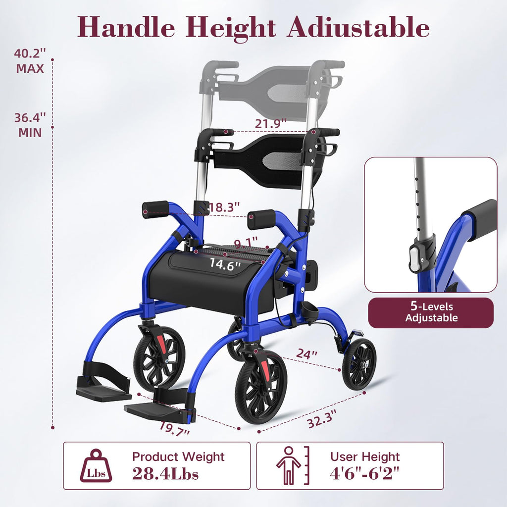 Walkers for Seniors, 2 in 1 Rollator Walker with Seat, 10" Front & 8" Rear Big Wheels, Walker Wheelchair Combo