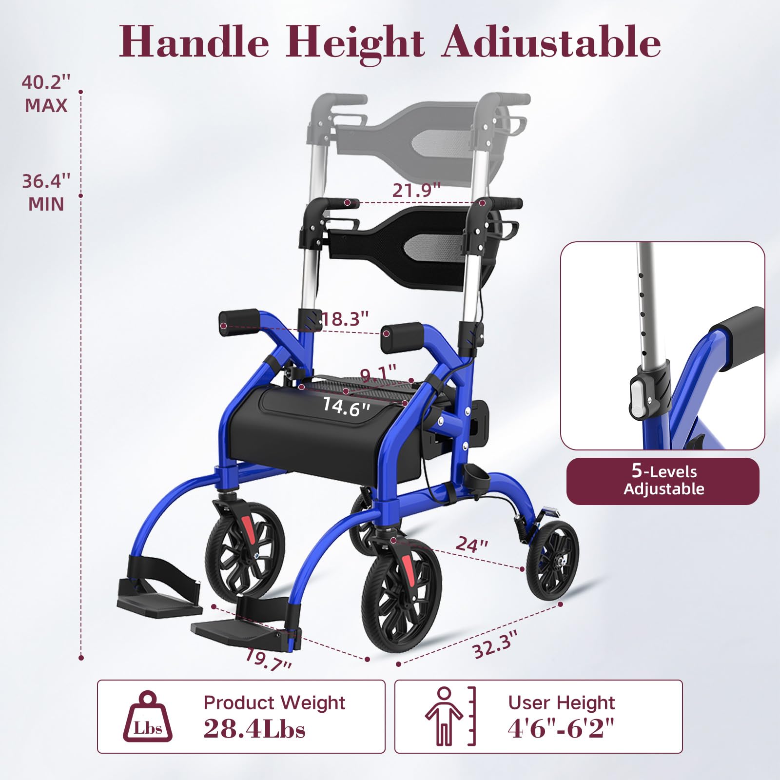 Walkers for Seniors, 2 in 1 Rollator Walker with Seat, 10" Front & 8" Rear Big Wheels, Walker Wheelchair Combo