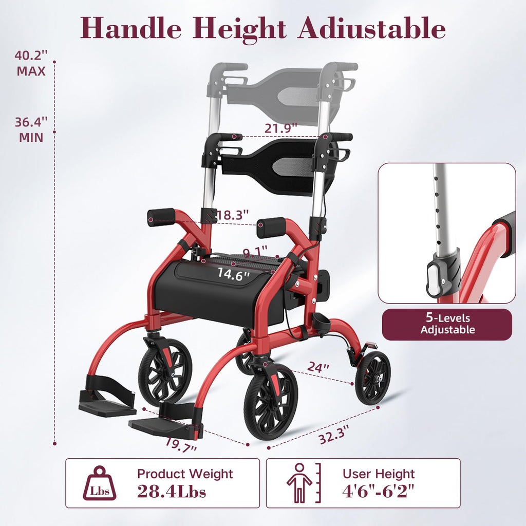 Walkers for Seniors, 2 in 1 Rollator Walker with Seat, 10" Front & 8" Rear Big Wheels, Walker Wheelchair Combo
