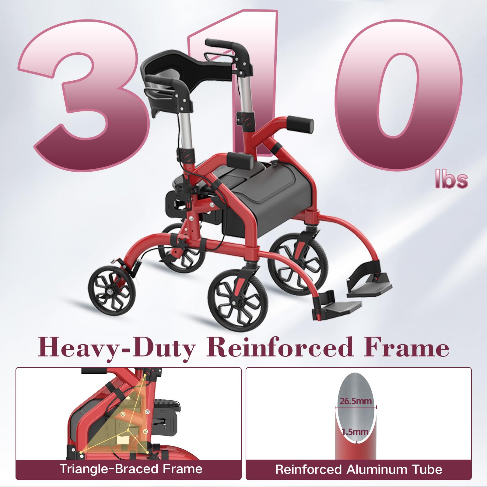 Walkers for Seniors, 2 in 1 Rollator Walker with Seat, 10" Front & 8" Rear Big Wheels, Walker Wheelchair Combo
