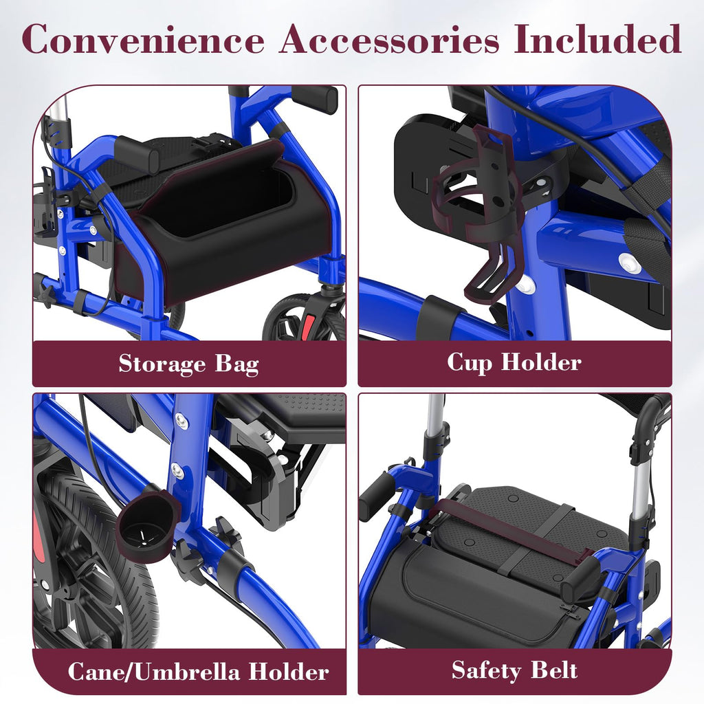 Walkers for Seniors, 2 in 1 Rollator Walker with Seat, 10" Front & 8" Rear Big Wheels, Walker Wheelchair Combo