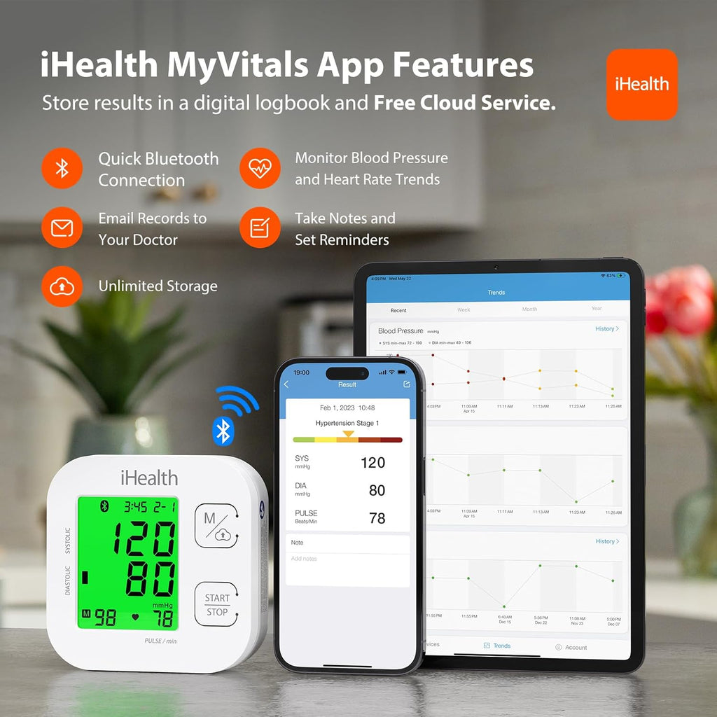 Health Track Smart Upper Arm Blood Pressure Monitor,  fits Standard to Large Adult Arms, Bluetooth Compatible for iOS & Android Devices