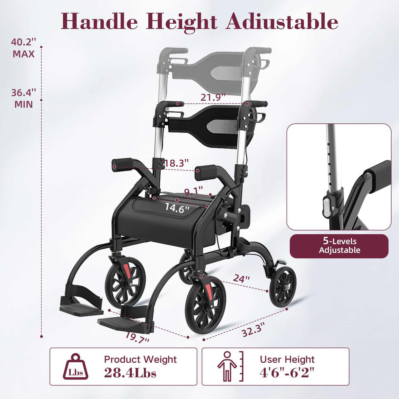 Walkers for Seniors, 2 in 1 Rollator Walker with Seat, 10" Front & 8" Rear Big Wheels, Walker Wheelchair Combo