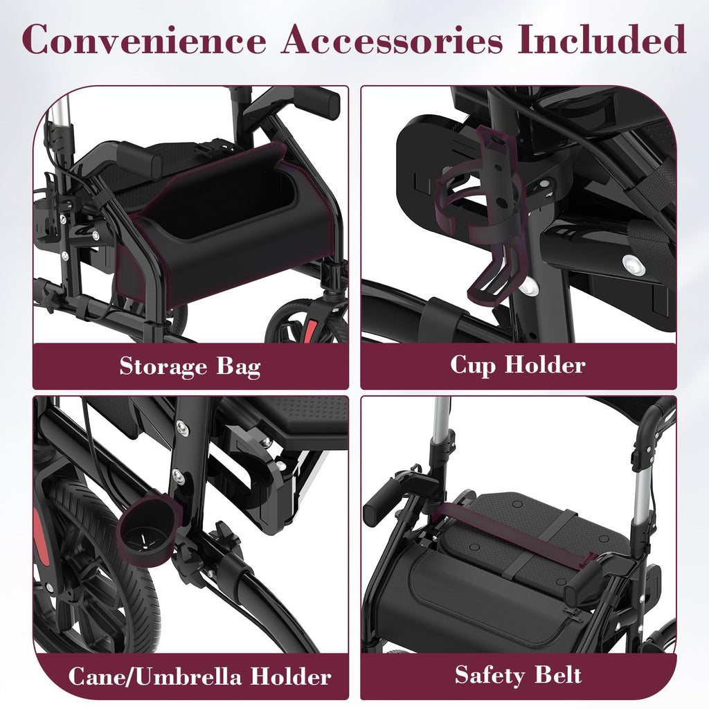 Walkers for Seniors, 2 in 1 Rollator Walker with Seat, 10" Front & 8" Rear Big Wheels, Walker Wheelchair Combo