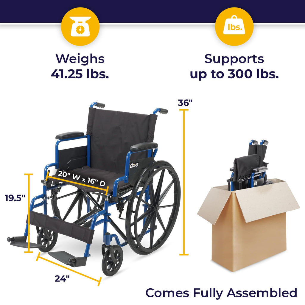 Medical Blue Streak Lightweight Wheelchair - Portable Folding Mobility Aid - Swing-Away