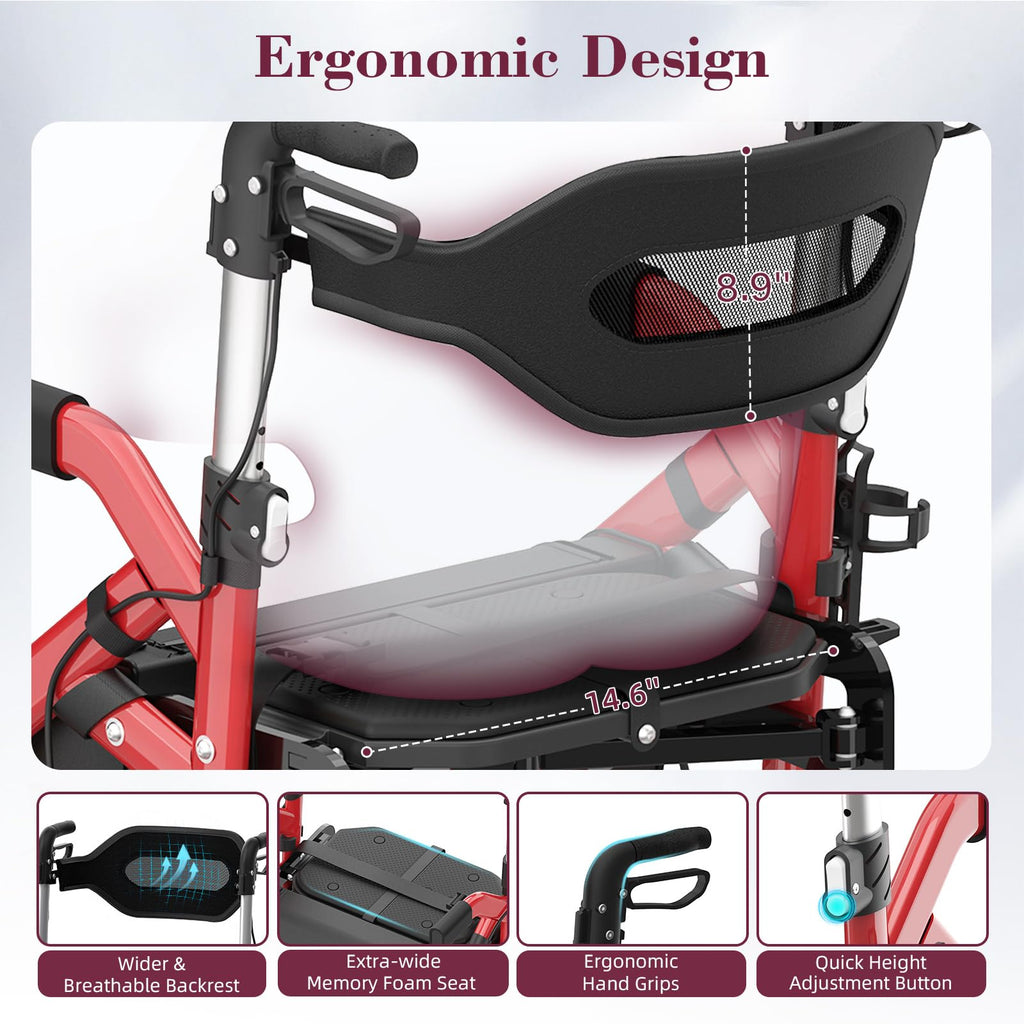 Walkers for Seniors, 2 in 1 Rollator Walker with Seat, 10" Front & 8" Rear Big Wheels, Walker Wheelchair Combo