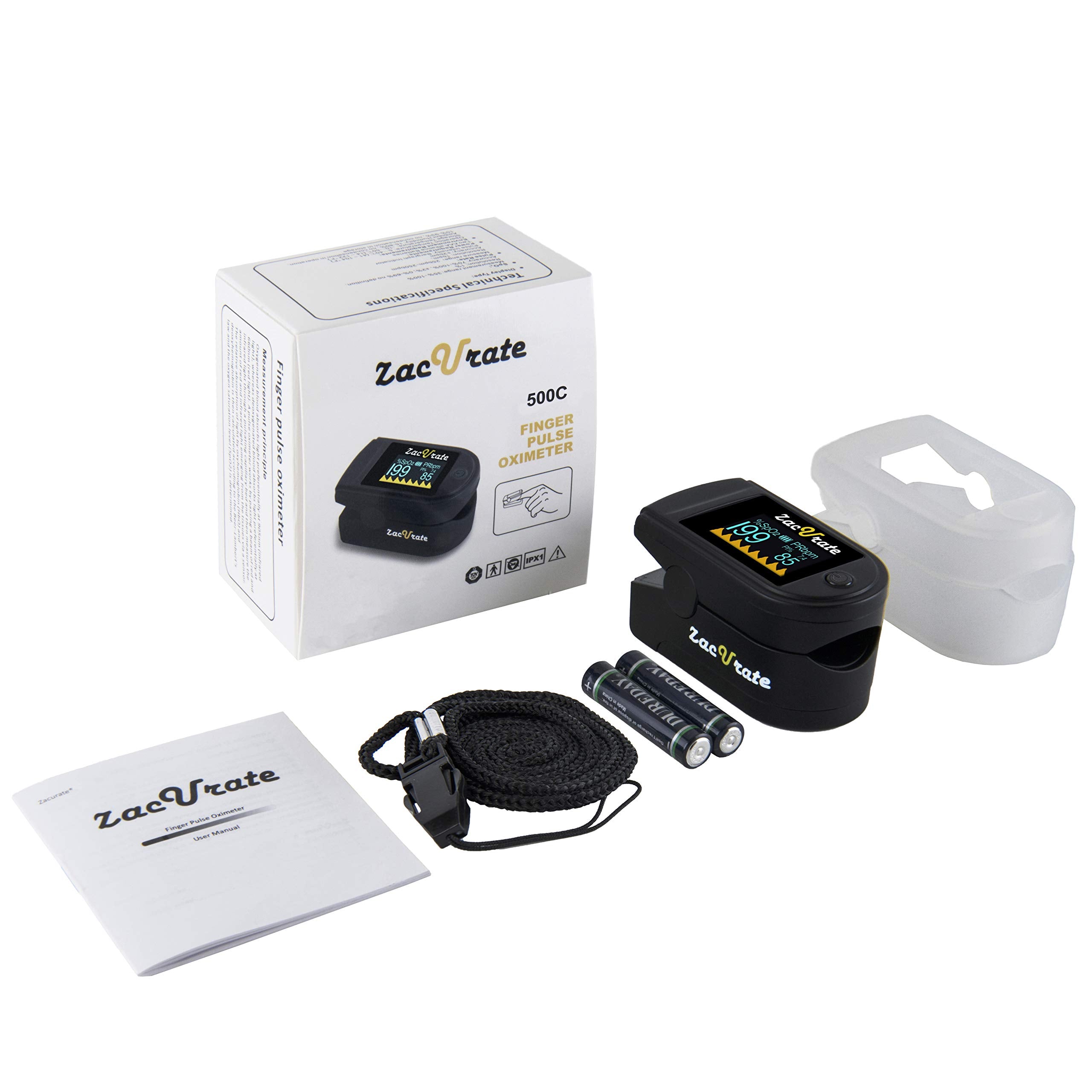 Pro Series 500DL Fingertip Pulse Oximeter Blood Oxygen Saturation Monitor with Silicone Cover, Batteries and Lanyard (Royal Black)
