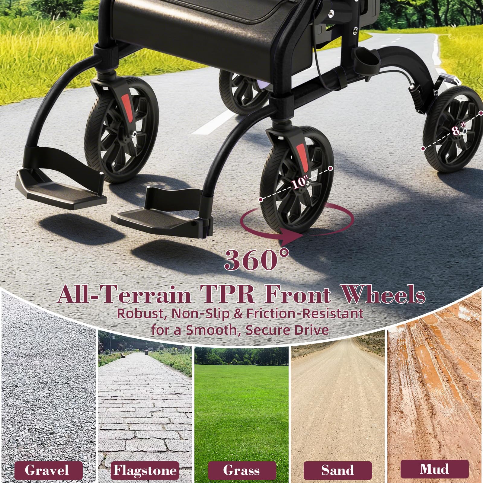 Walkers for Seniors, 2 in 1 Rollator Walker with Seat, 10" Front & 8" Rear Big Wheels, Walker Wheelchair Combo