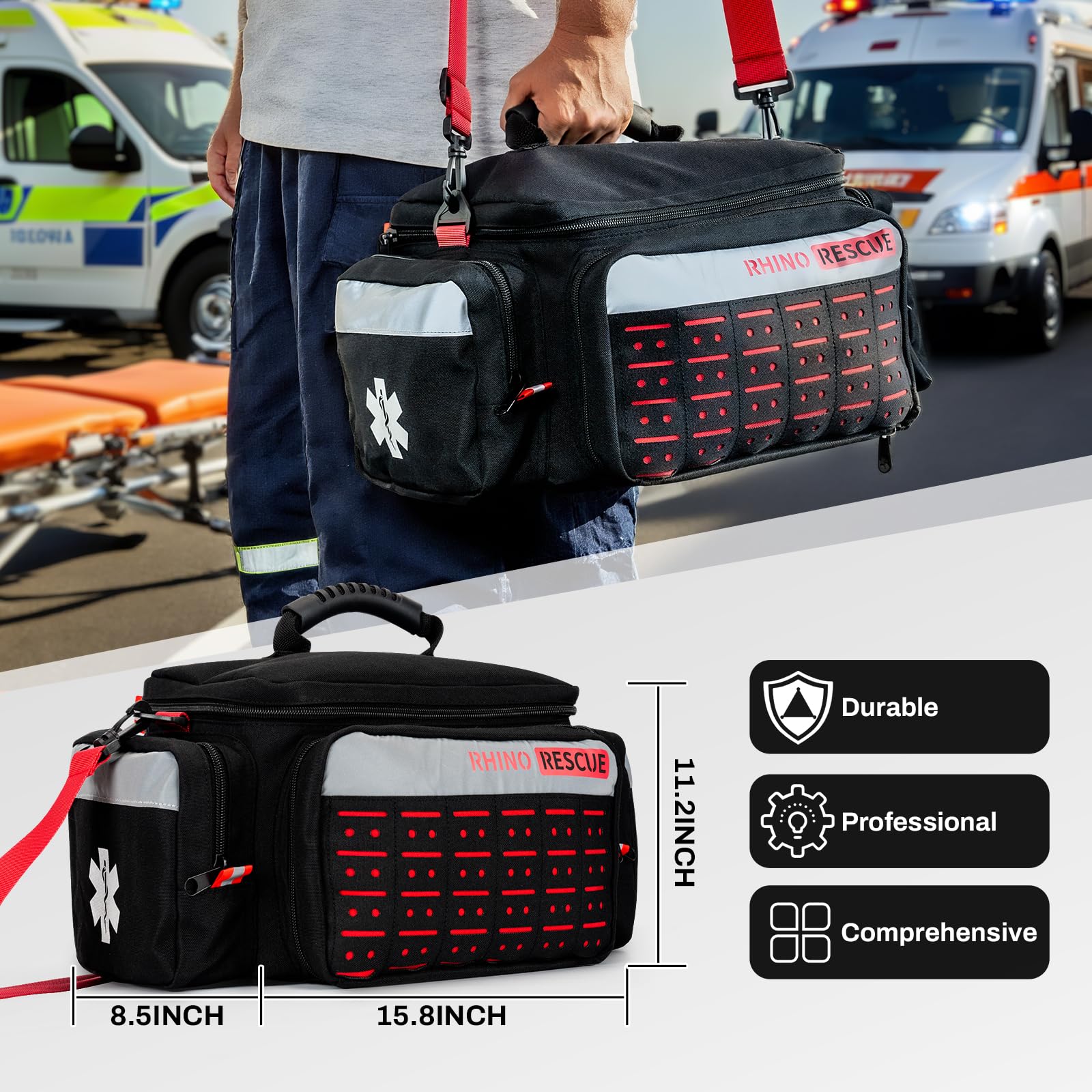RESCUE First Responder First Aid Kit Fully-Stocked EMT Bag, Professional EMT/EMS Trauma