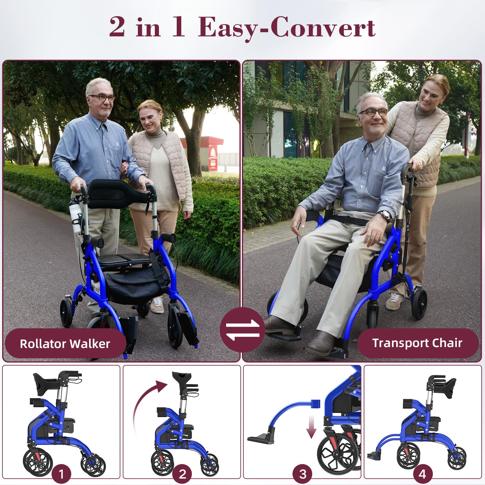 Walkers for Seniors, 2 in 1 Rollator Walker with Seat, 10" Front & 8" Rear Big Wheels, Walker Wheelchair Combo
