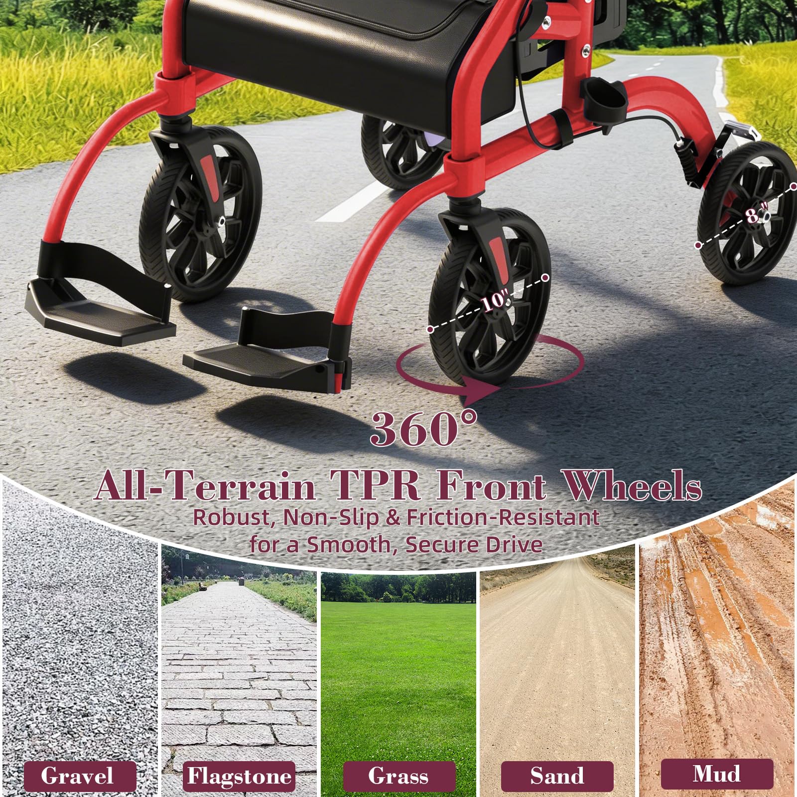 Walkers for Seniors, 2 in 1 Rollator Walker with Seat, 10" Front & 8" Rear Big Wheels, Walker Wheelchair Combo