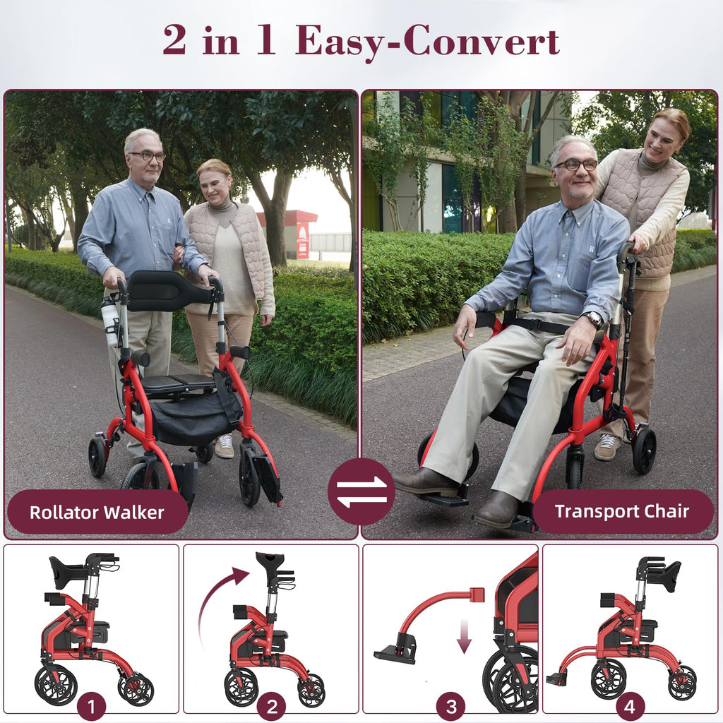 Walkers for Seniors, 2 in 1 Rollator Walker with Seat, 10" Front & 8" Rear Big Wheels, Walker Wheelchair Combo