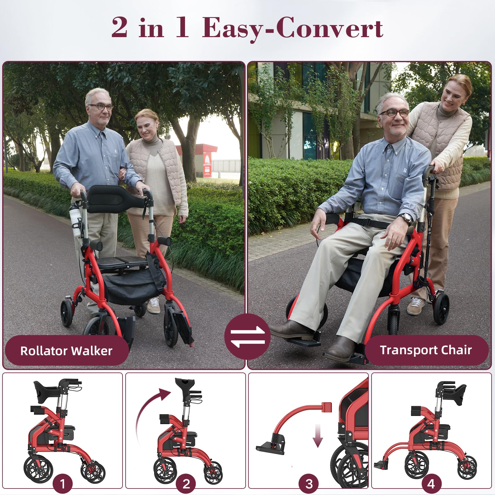 Walkers for Seniors, 2 in 1 Rollator Walker with Seat, 10" Front & 8" Rear Big Wheels, Walker Wheelchair Combo