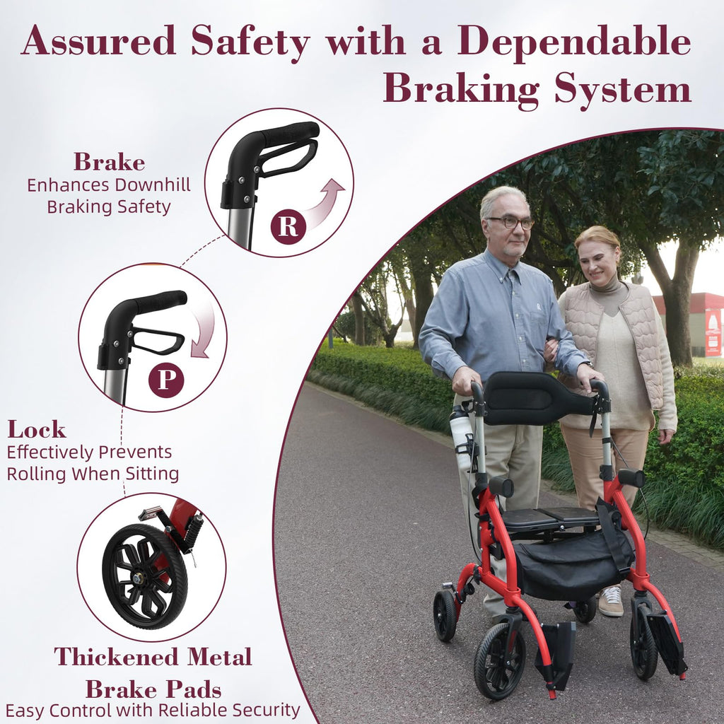 Walkers for Seniors, 2 in 1 Rollator Walker with Seat, 10" Front & 8" Rear Big Wheels, Walker Wheelchair Combo