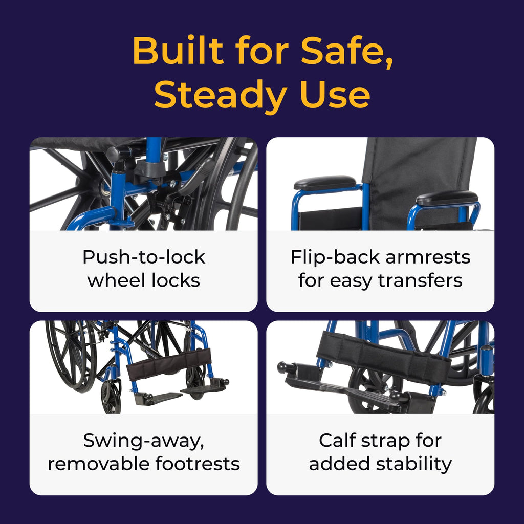 Medical Blue Streak Lightweight Wheelchair - Portable Folding Mobility Aid - Swing-Away