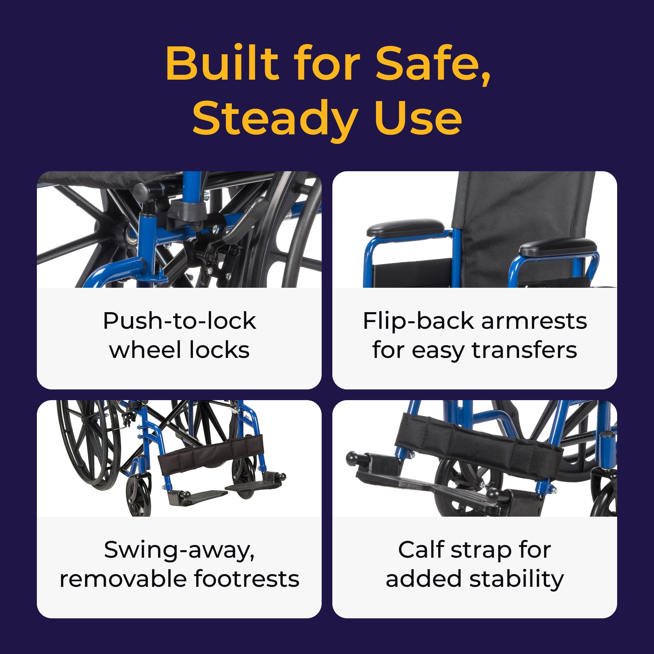 Medical Blue Streak Lightweight Wheelchair - Portable Folding Mobility Aid - Swing-Away