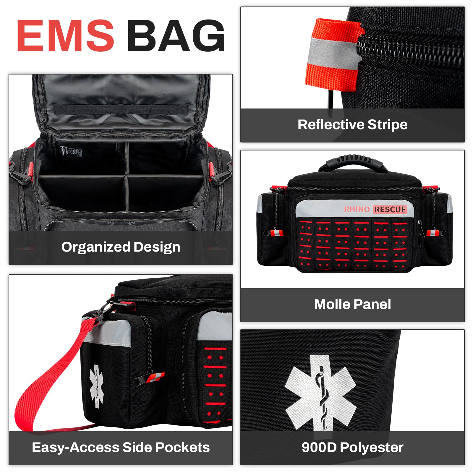 RESCUE First Responder First Aid Kit Fully-Stocked EMT Bag, Professional EMT/EMS Trauma