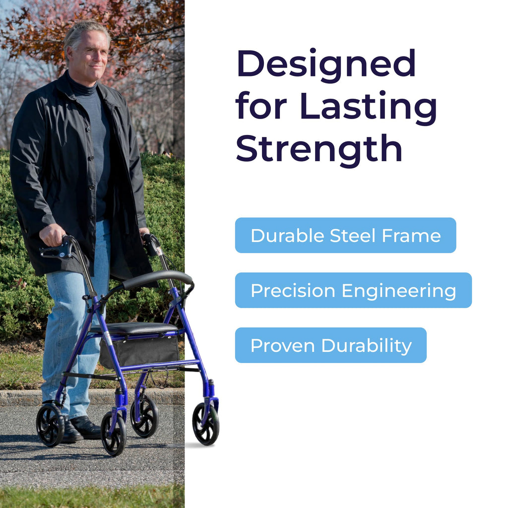 Medical Rollator Walker with Seat - Stable Mobility Support - Height Adjustable