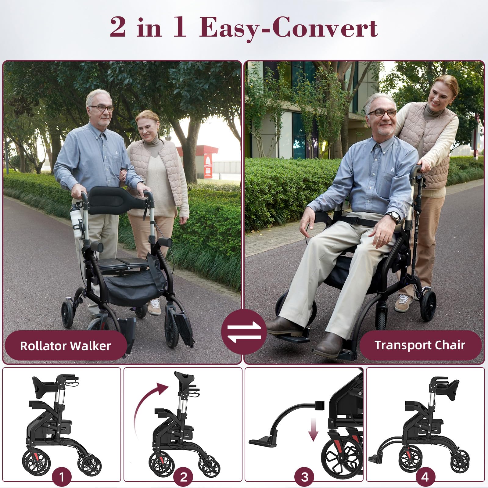 Walkers for Seniors, 2 in 1 Rollator Walker with Seat, 10" Front & 8" Rear Big Wheels, Walker Wheelchair Combo