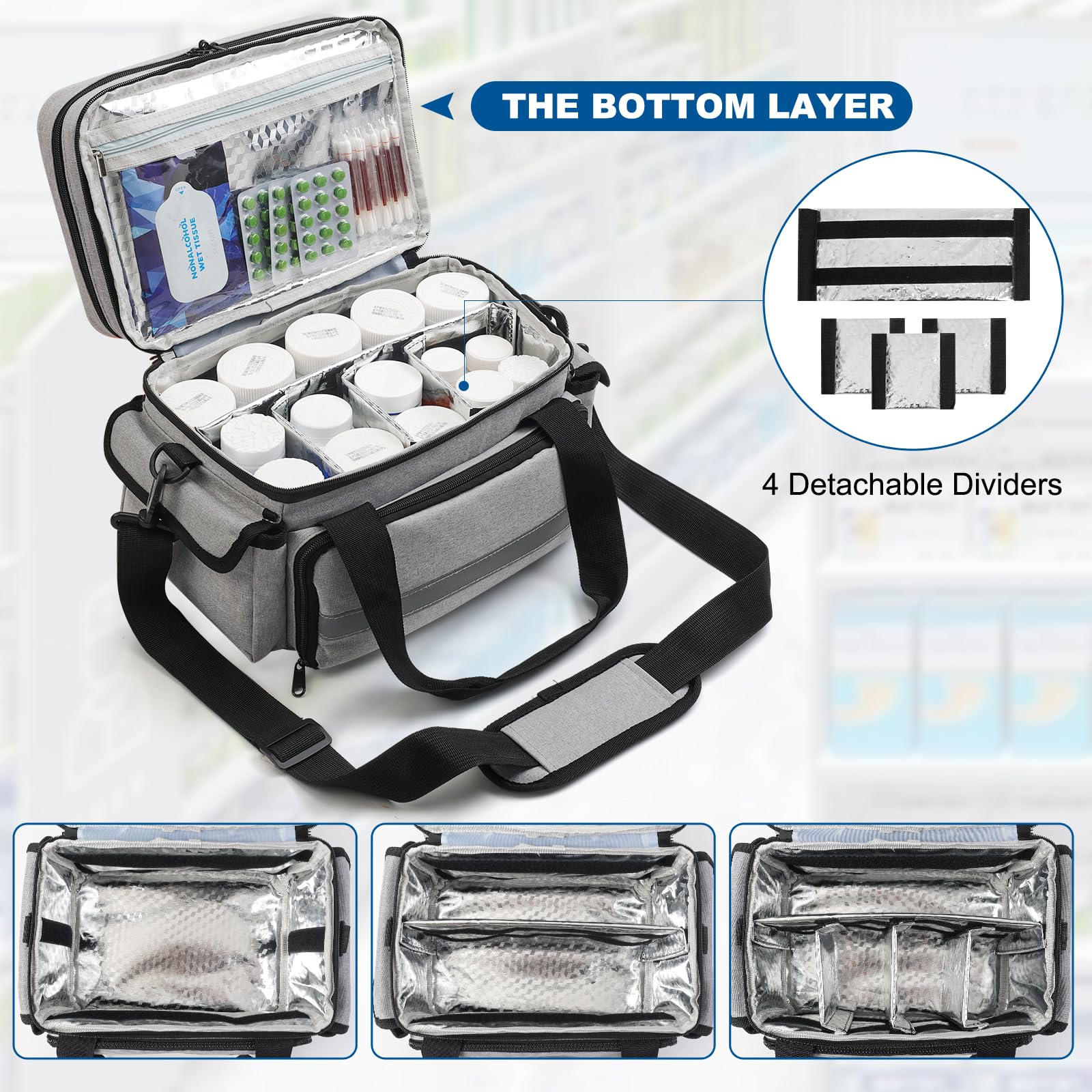 Medicine Organizer with Adjustable Divider, Double-Layer Medicine Bottle organizer Storage