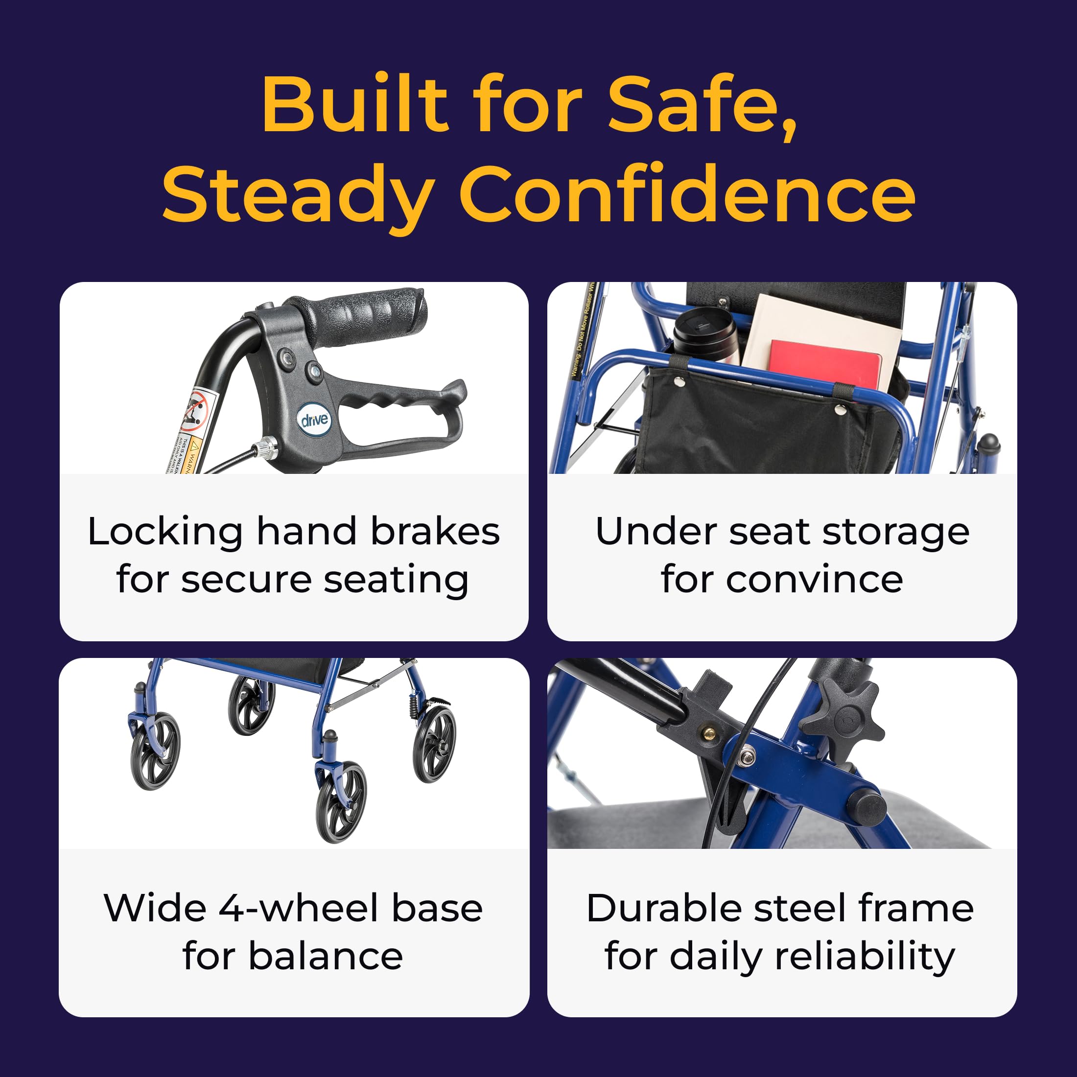 Medical Rollator Walker with Seat - Stable Mobility Support - Height Adjustable