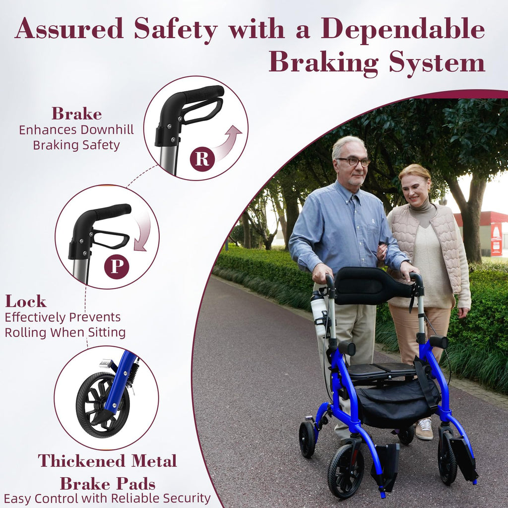 Walkers for Seniors, 2 in 1 Rollator Walker with Seat, 10" Front & 8" Rear Big Wheels, Walker Wheelchair Combo